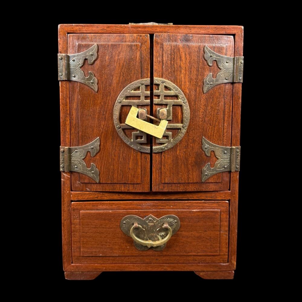 Vintage Chinese Dressing Case Jewelry Box Wood Brass Lined 4 Drawer